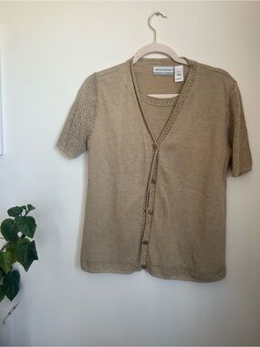 Alfred Dunner Tan Short-Sleeve Button Cardigan with Crochet Detail